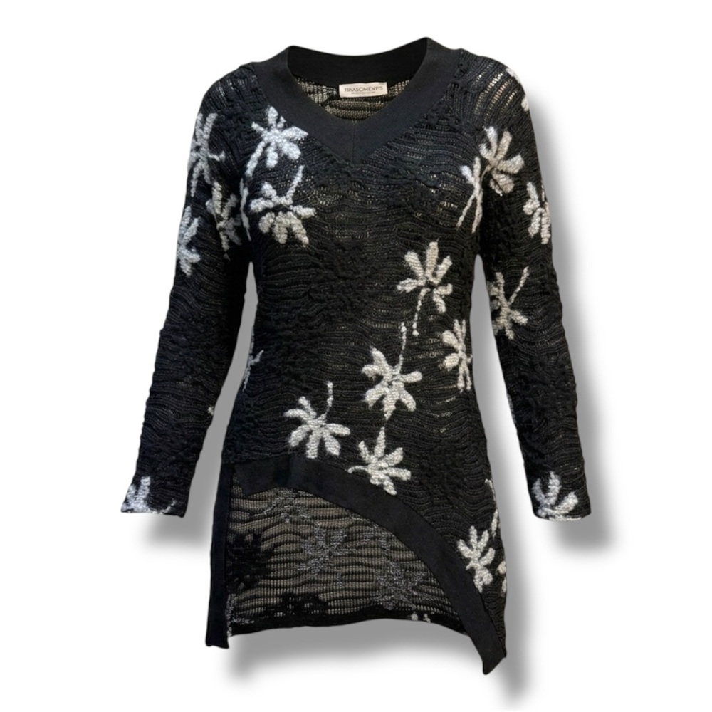 Rinascimento Knit Wool Blend Asymmetrical 3D Flower V Neck Sweater Size Medium